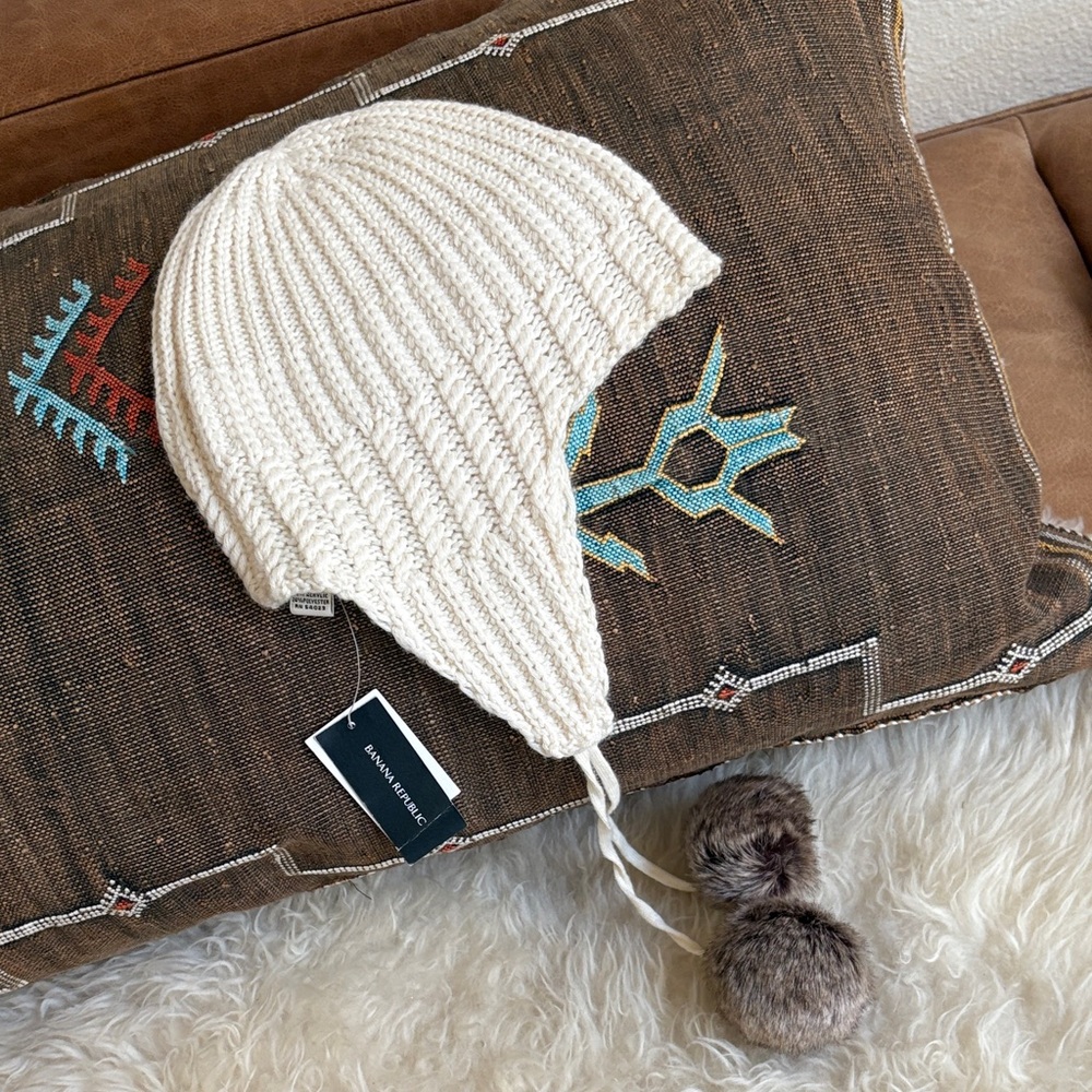 Banana Republic Knit Ear Flap Hat Beanie with Pom Poms